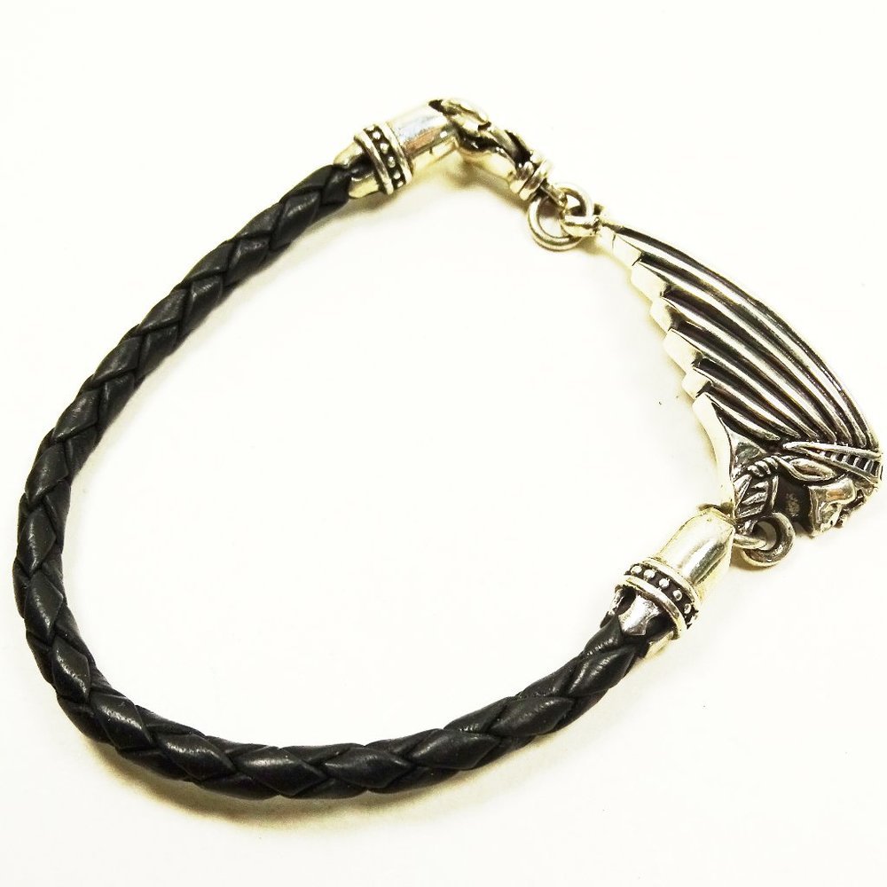 KING BABY Indian Black Leather Sterling Silver Tribal Bracelet